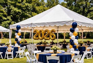 Graduation party tent with navy and gold balloons