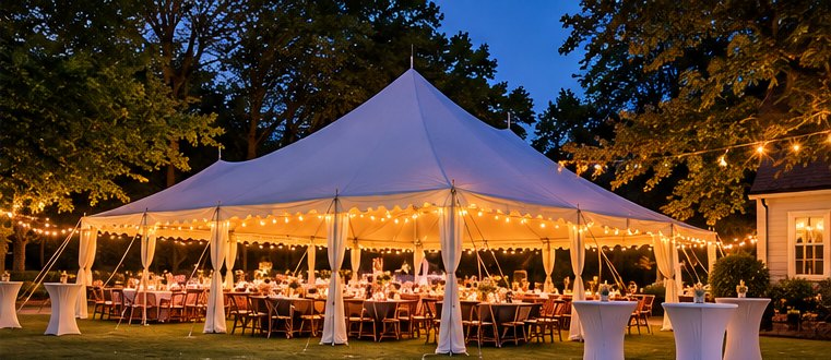 Tent with string lights over dinner tables at an evening party