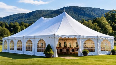 Large pole tent with sidewalls standing on a lawn