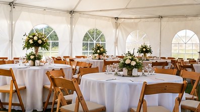 Round tables with linens and wooden chairs inside a tent