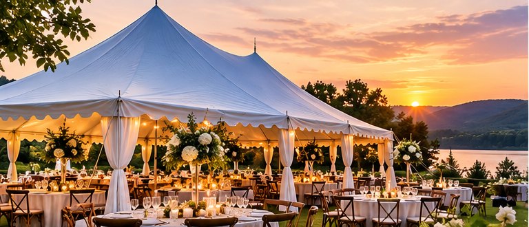 White pole tent set for a lakeside wedding reception at sunset